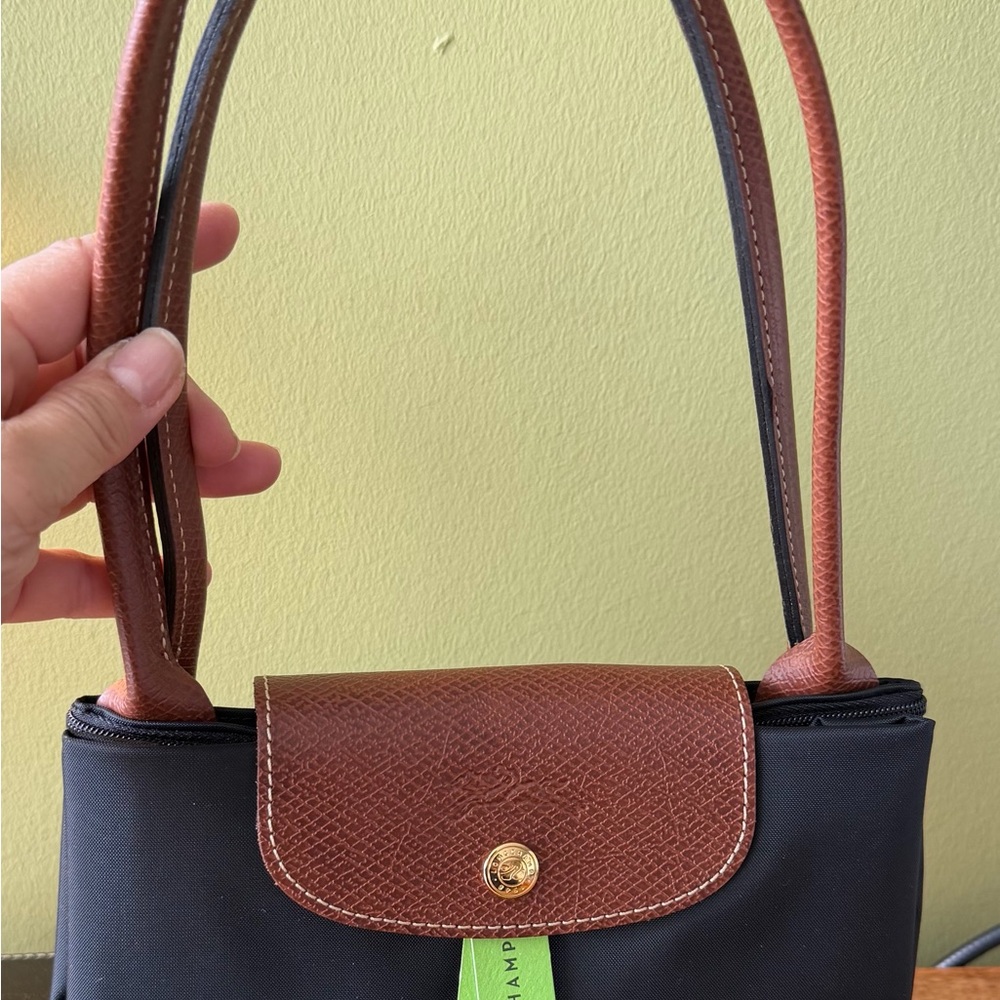 Longchamp Black Nylon Shoulder Bag with Brown Leather Flap and Straps